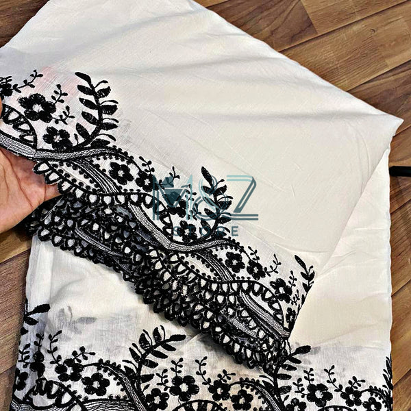Voile Lawn white Scalloped Dupatta with black Embroidery | lawn Cutwork Dupatta Diyable in all colors 2.5 yards length