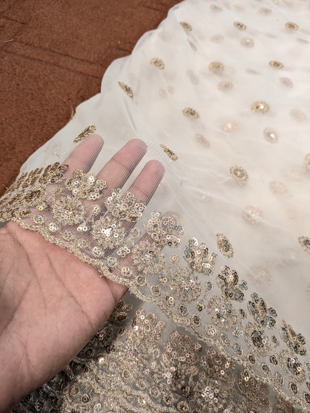 Fancy White Net Dupatta with Rose Gold Embroidery – Elegant Party Wear & Wedding Dupatta, DIY Fabric, 2.5 Yards