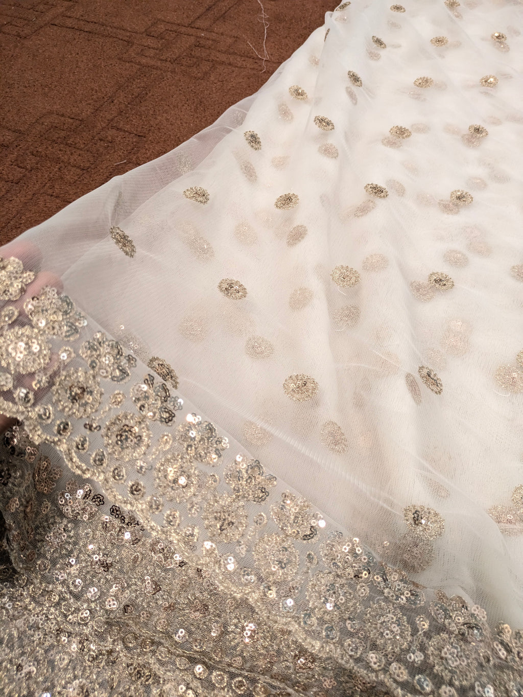 Fancy White Net Dupatta with Rose Gold Embroidery – Elegant Party Wear & Wedding Dupatta, DIY Fabric, 2.5 Yards