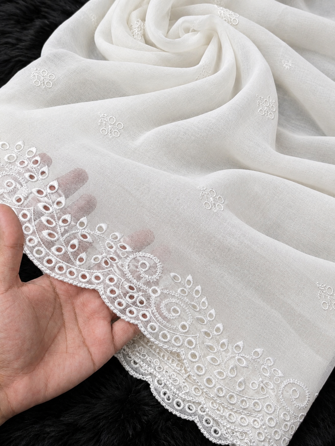 Semi Pure Chiffon White Scallop Embroidered Dupatta Diyable in all colors 2.5 yards length