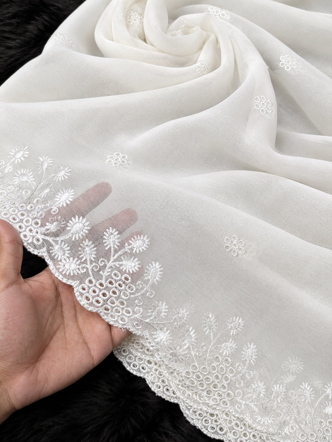 Semi Pure Chiffon White Scallop Embroidered Dupatta Diyable in all colors 2.5 yards length