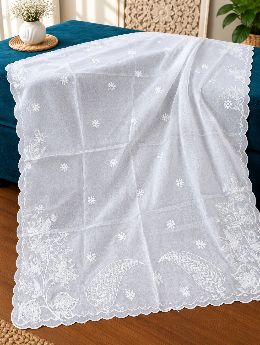 White Voile Lawn four Sided Scallop Dupatta with White Embroidery – Dyeable  2.75 yards