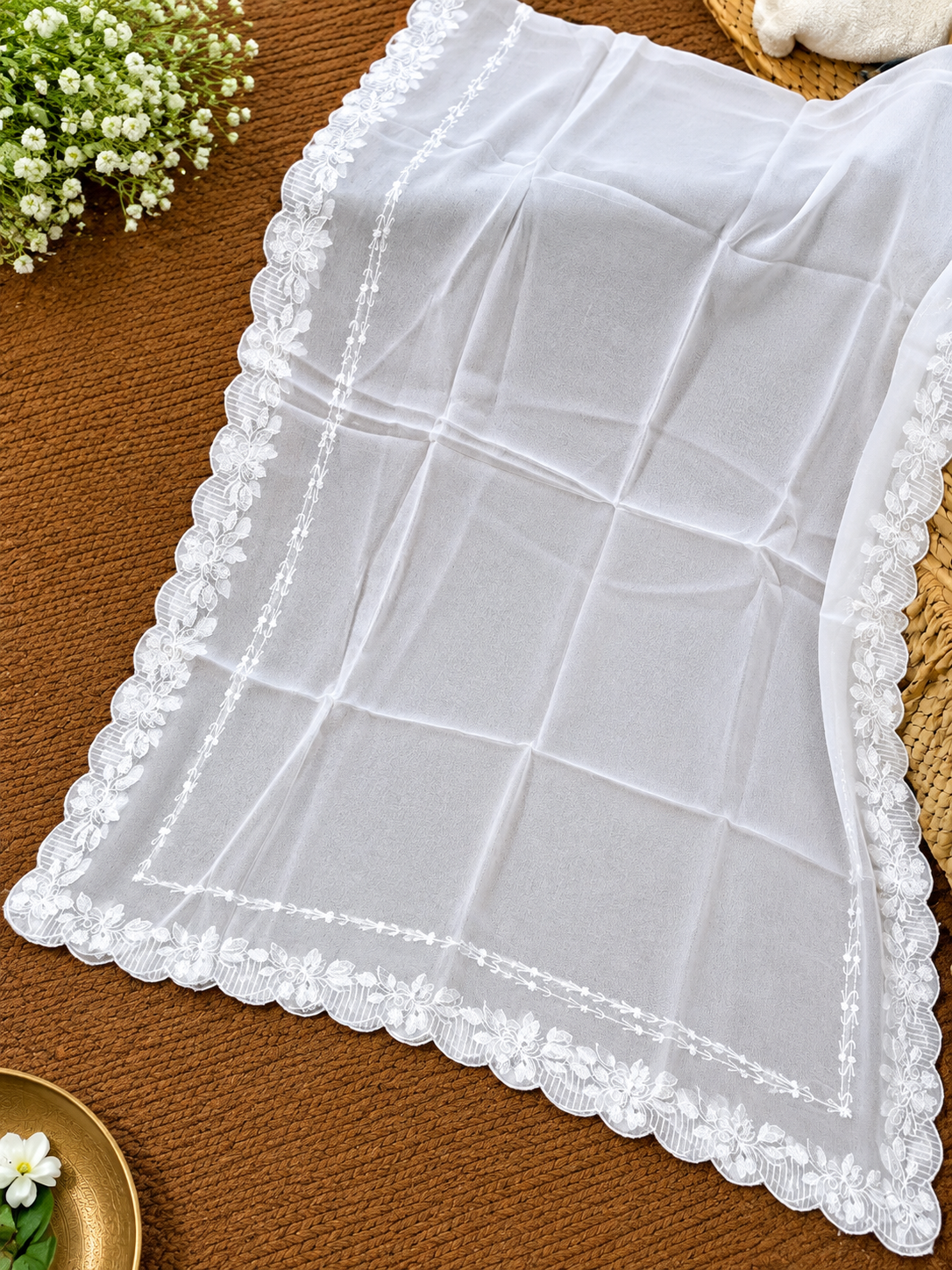 Chiffon Four-Side Scalloped Cutwork Dupatta – 2.75 Yards (Dyeable