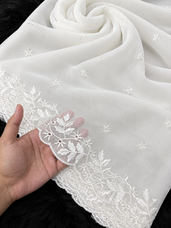 Semi Pure Chiffon White Scallop Embroidered Dupatta Diyable in all colors 2.5 yards length