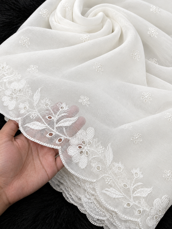 Semi Pure Chiffon White Scallop Embroidered Dupatta Diyable in all colors 2.5 yards length