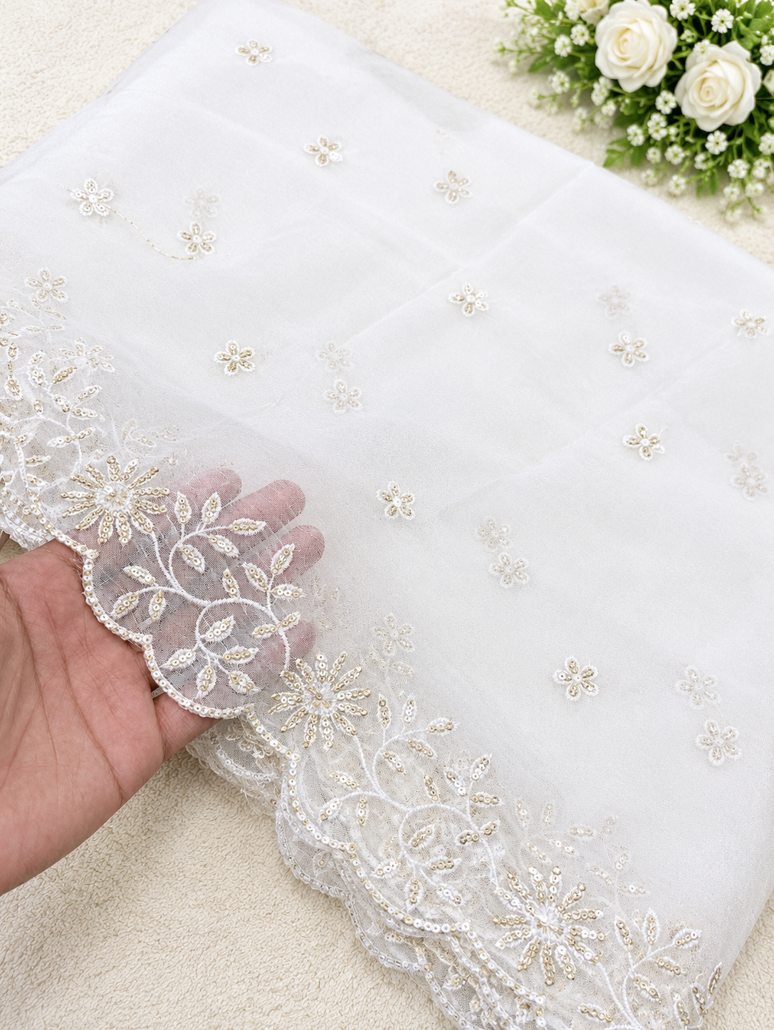 Semi Pure Chiffon Dupatta with Rose Gold Sequin Embroidery – Premium Party Wear & Wedding Dupatta, 2.5 Yards