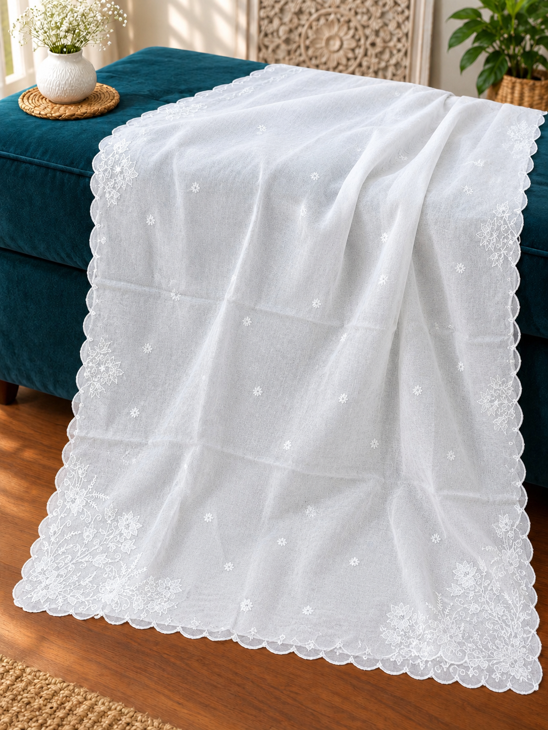 White Voile Lawn four Sided Scallop Dupatta with White Embroidery – Dyeable  2.75 yards