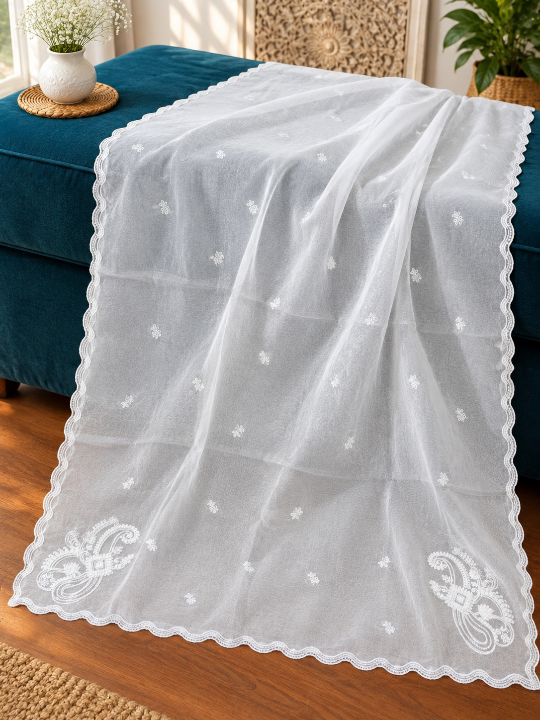 White soft  organza four Sided Scallop Dupatta with White Embroidery – Dyeable  2.75 yards