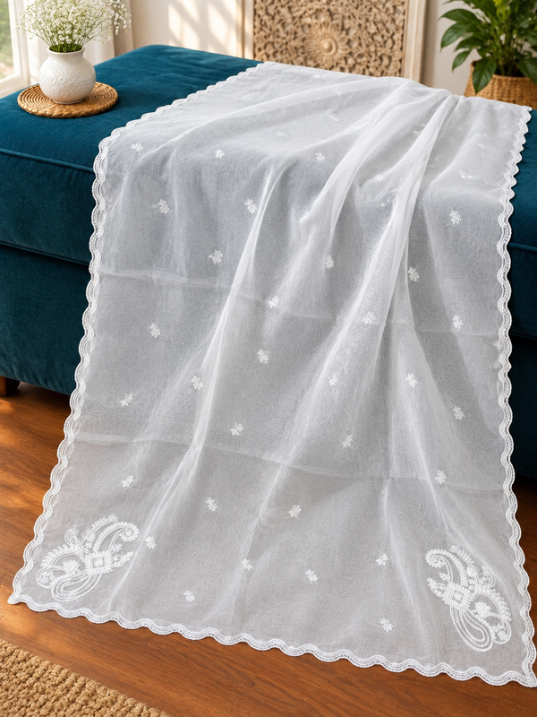 White soft  organza four Sided Scallop Dupatta with White Embroidery – Dyeable  2.75 yards