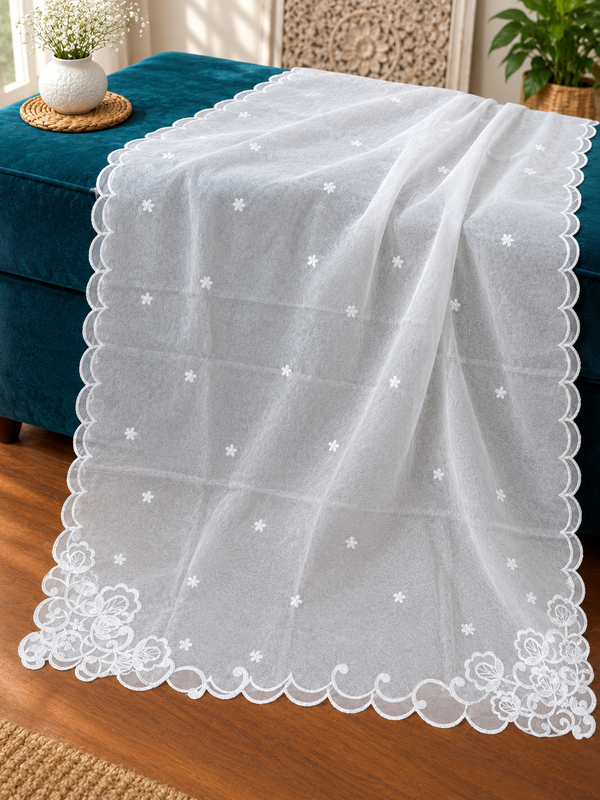 White soft  organza four Sided Scallop Dupatta with White Embroidery – Dyeable  2.75 yards
