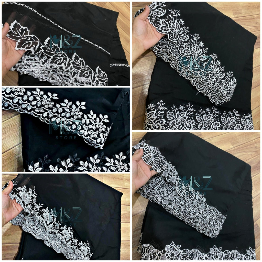 Black and White Cutwork Dupatta Voile Lawn Khaddi Lawn Embroided - 2.5 ghz