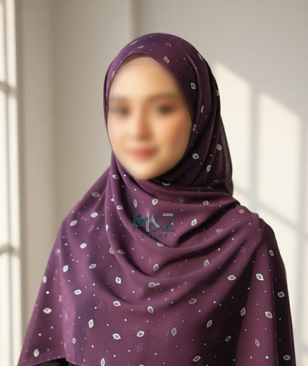 Georgette Chiffon Hijab Stole with Silver Leaf Foil Design - 2 Gaz