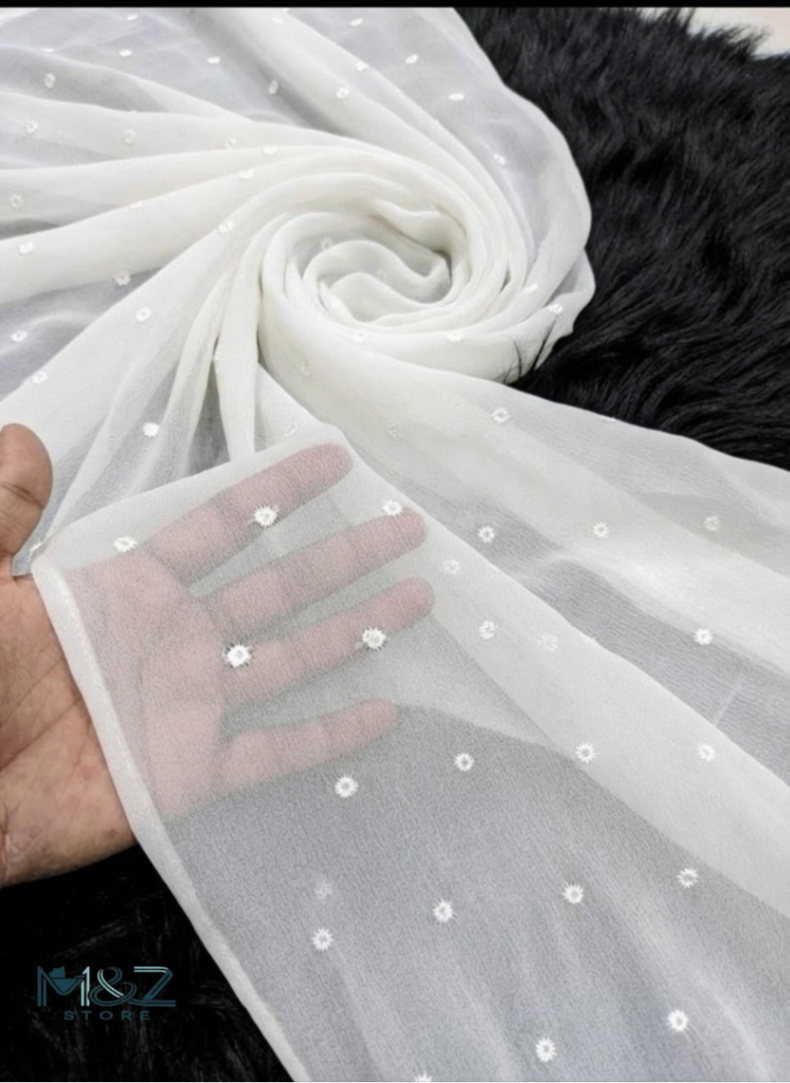 Premium Chiffon Georgette Dot Embroidery White Embroidered Dupatta - 2.5 Gaz
