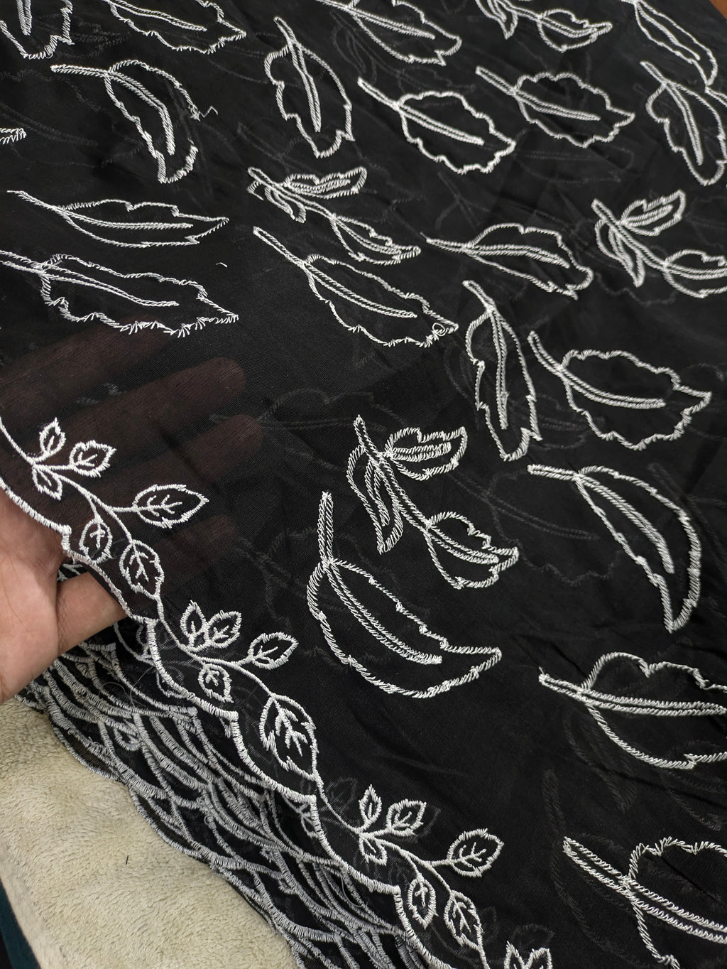 Voile Lawn black  Scalloped Dupatta with White  Embroidery | black  lawn Cutwork Dupatta 2.5 yards length