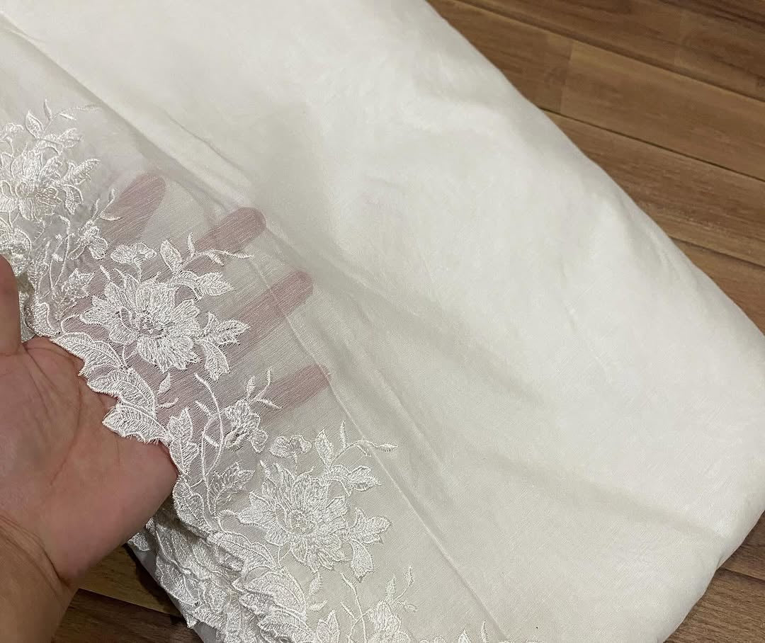 Voile Lawn Scalloped Dupatta with White Embroidery | white lawn Cutwork Dupatta
