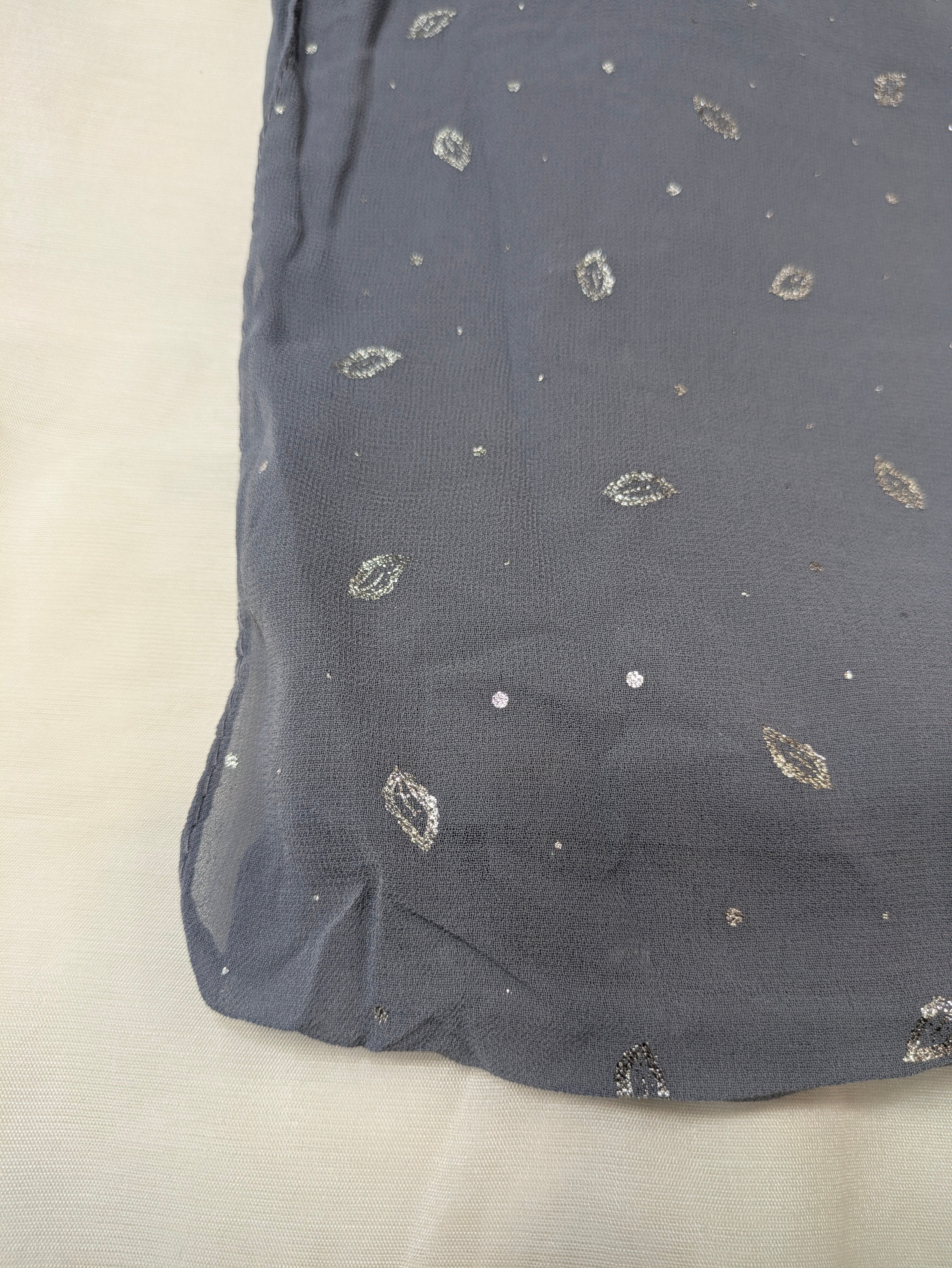 Georgette Chiffon Hijab Stole with Silver Leaf Foil Design - 2 Gaz
