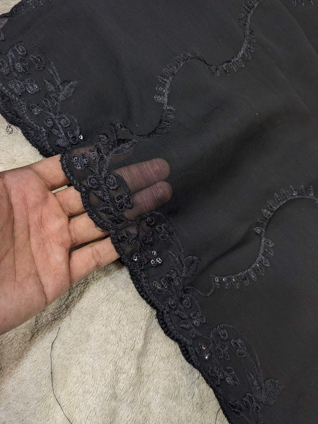 Elegant Black Chiffon Dupatta with Black Embroidery & Sequin Work – 2.3 Yards