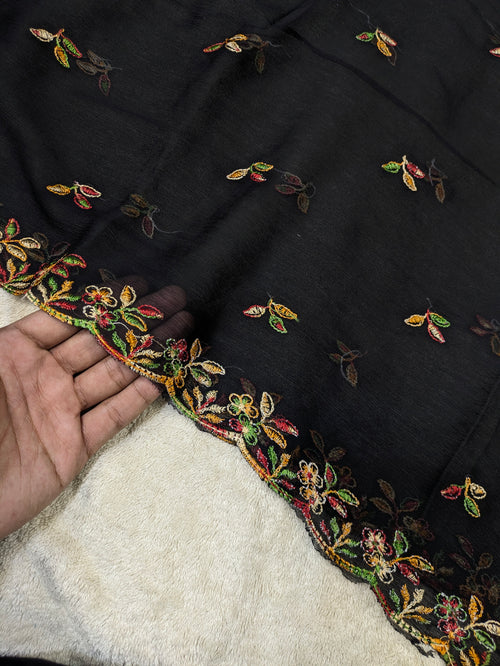Black Chiffon Dupatta with Multicolor Embroidery & Two-Sided Embroidered Border – 2.3 Yards