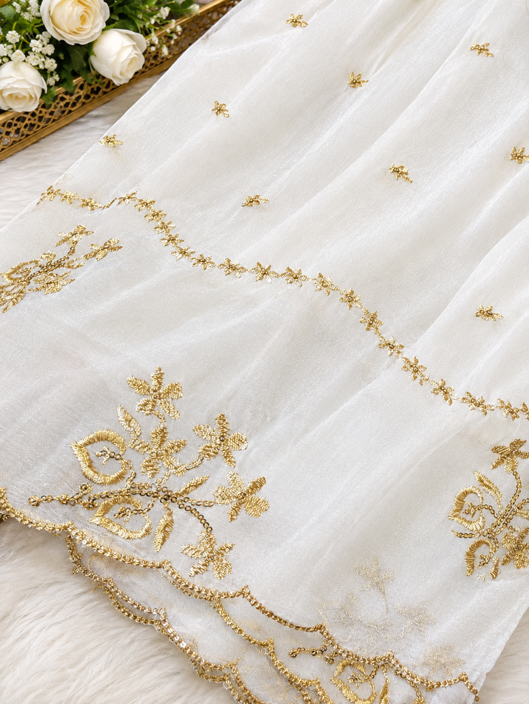 Semi Pure Chiffon golden  Embroidered Dupatta