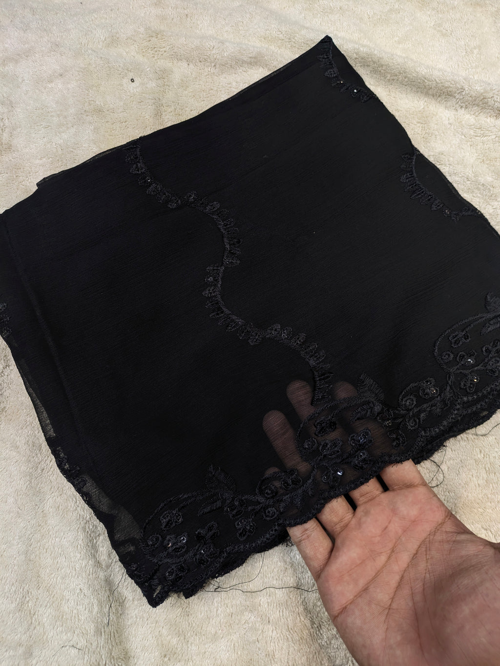 Elegant Black Chiffon Dupatta with Black Embroidery & Sequin Work – 2.3 Yards