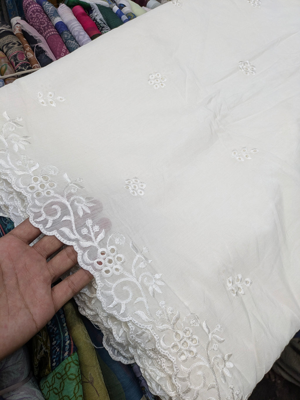 Voile Lawn Scalloped Dupatta with White Embroidery | white lawn Cutwork Dupatta