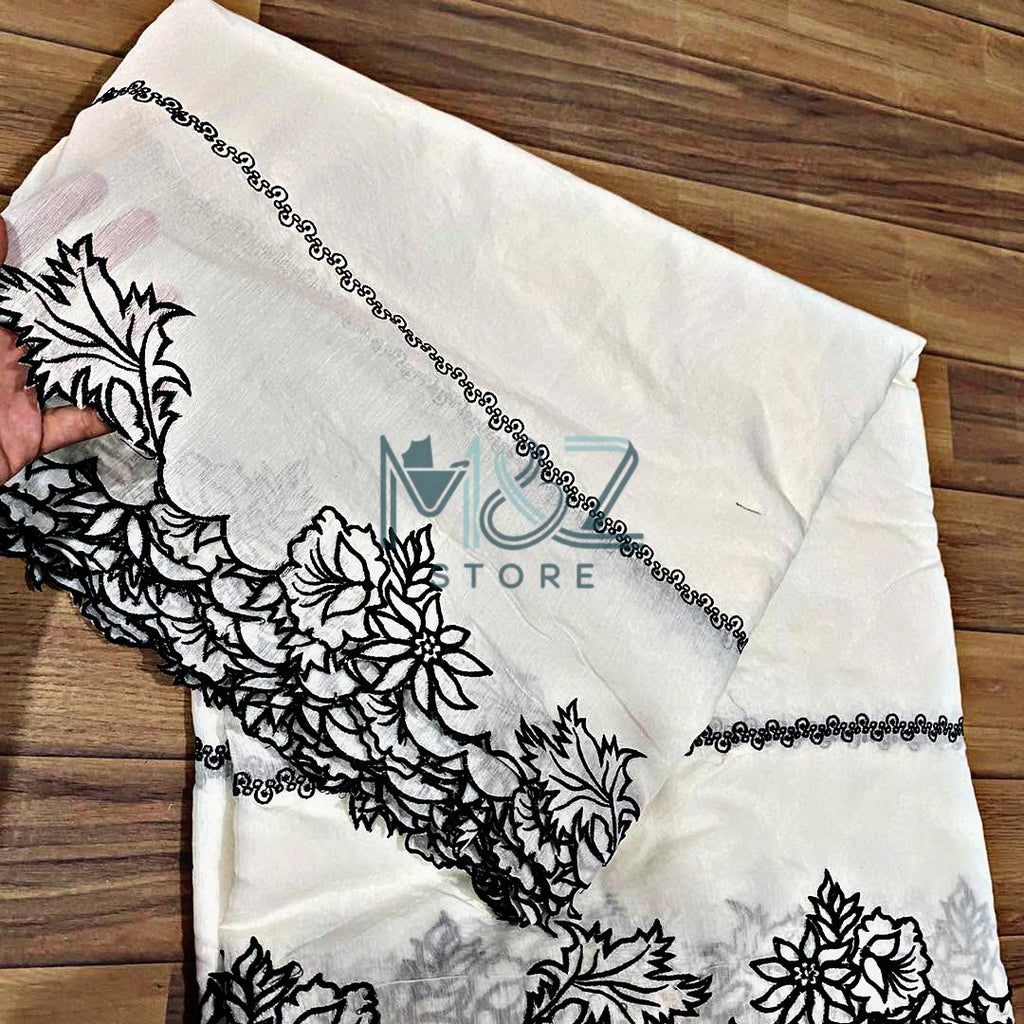 Voile Lawn white Scalloped Dupatta with black  Embroidery |  lawn Cutwork Dupatta