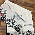 Voile Lawn white Scalloped Dupatta with black  Embroidery |  lawn Cutwork Dupatta