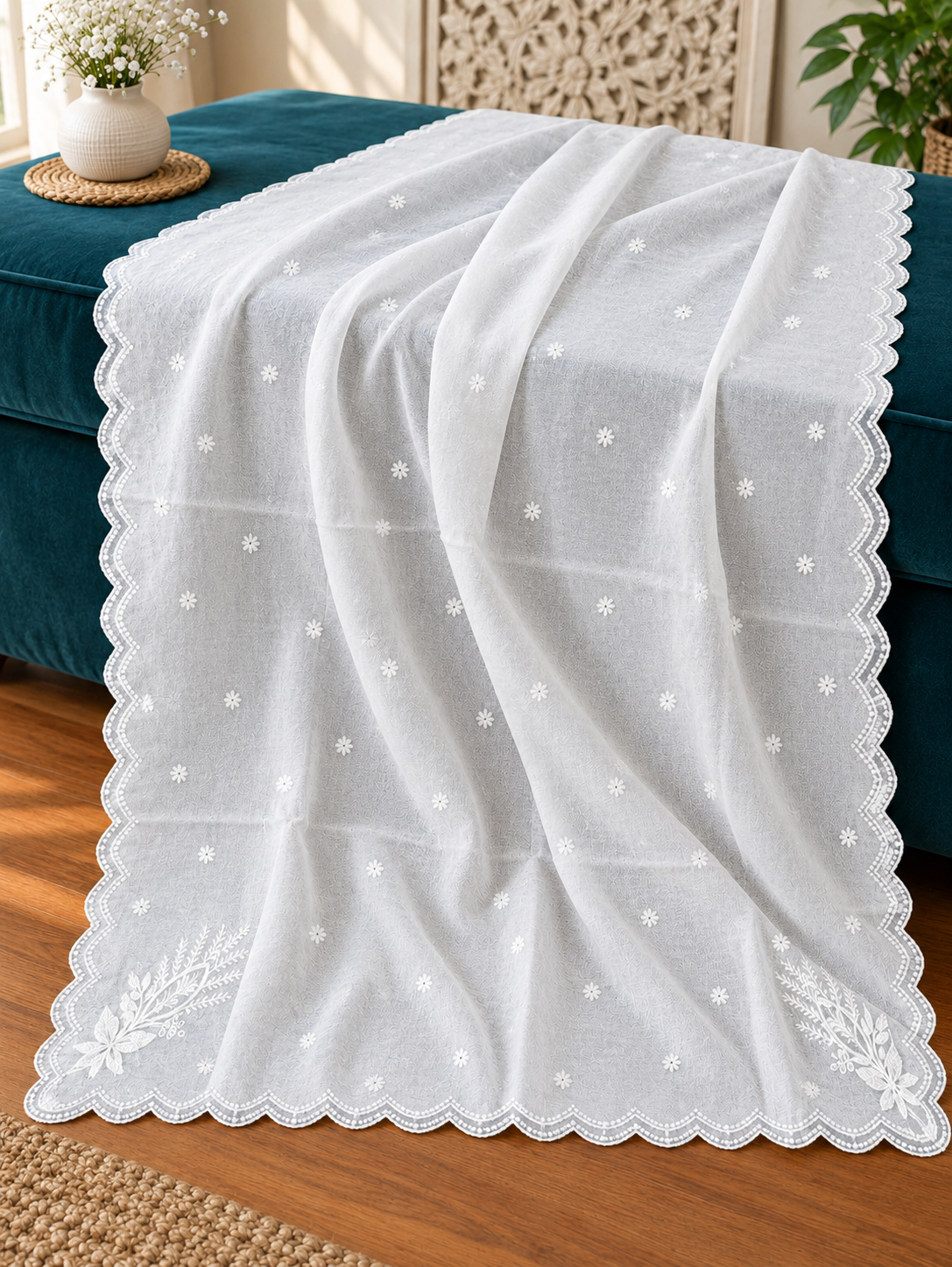 White Voile Lawn four Sided Scallop Dupatta with White Embroidery – Dyeable  2.75 yards