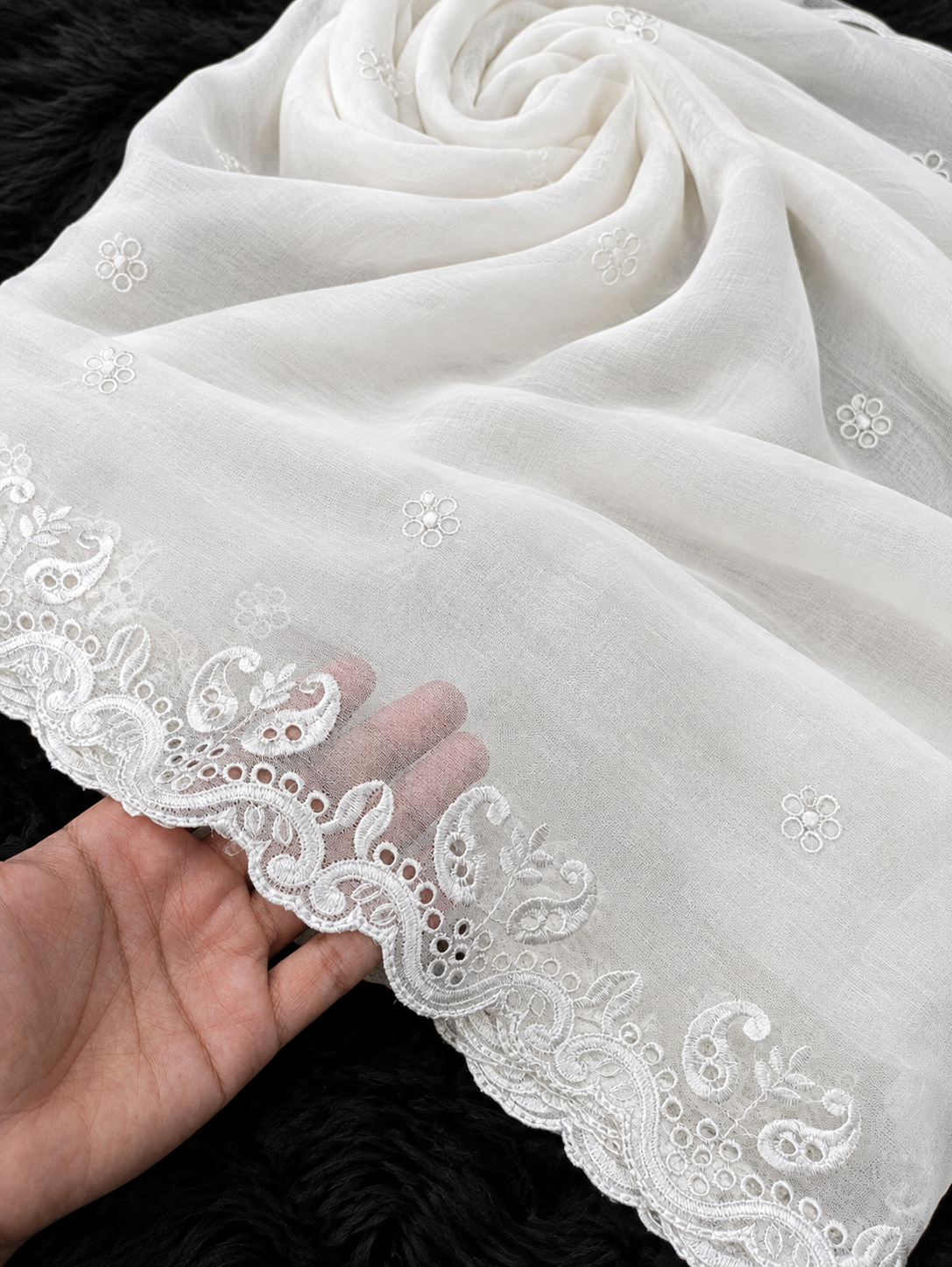 Semi Pure Chiffon White Scallop Embroidered Dupatta Diyable in all colors 2.5 yards length