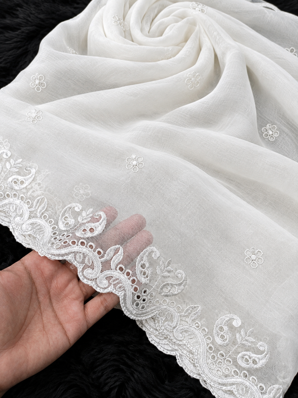 Semi Pure Chiffon White Scallop Embroidered Dupatta Diyable in all colors 2.5 yards length