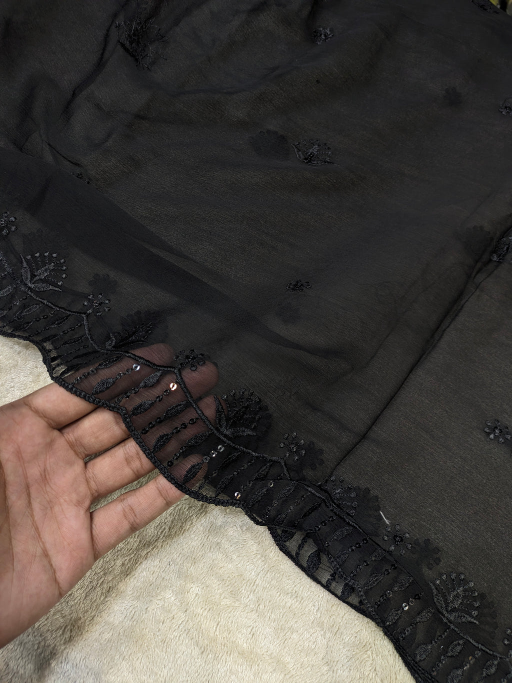 Elegant Black Chiffon Dupatta with Black Embroidery & Sequin Work – 2.3 Yards