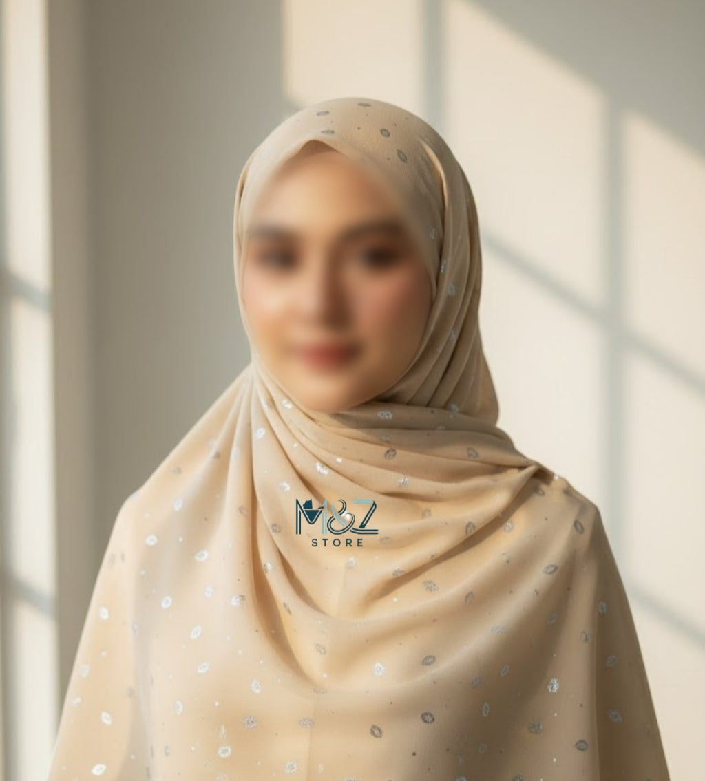 Georgette Chiffon Hijab Stole with Silver Leaf Foil Design - 2 Gaz