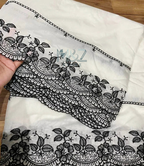Voile Lawn white Scalloped Dupatta with black Embroidery | lawn Cutwork Dupatta Diyable in all colors 2.5 yards length