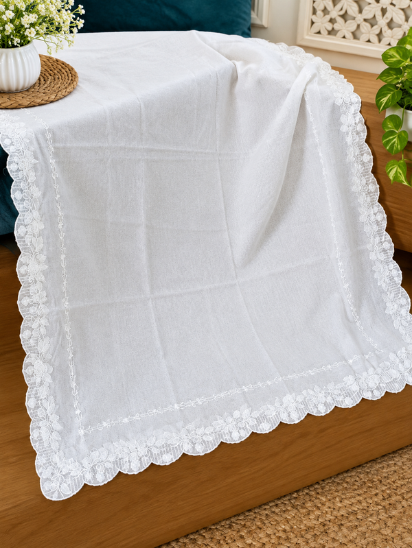 White Voile Lawn four Sided Scallop Dupatta with White Embroidery – Dyeable  2.75 yards