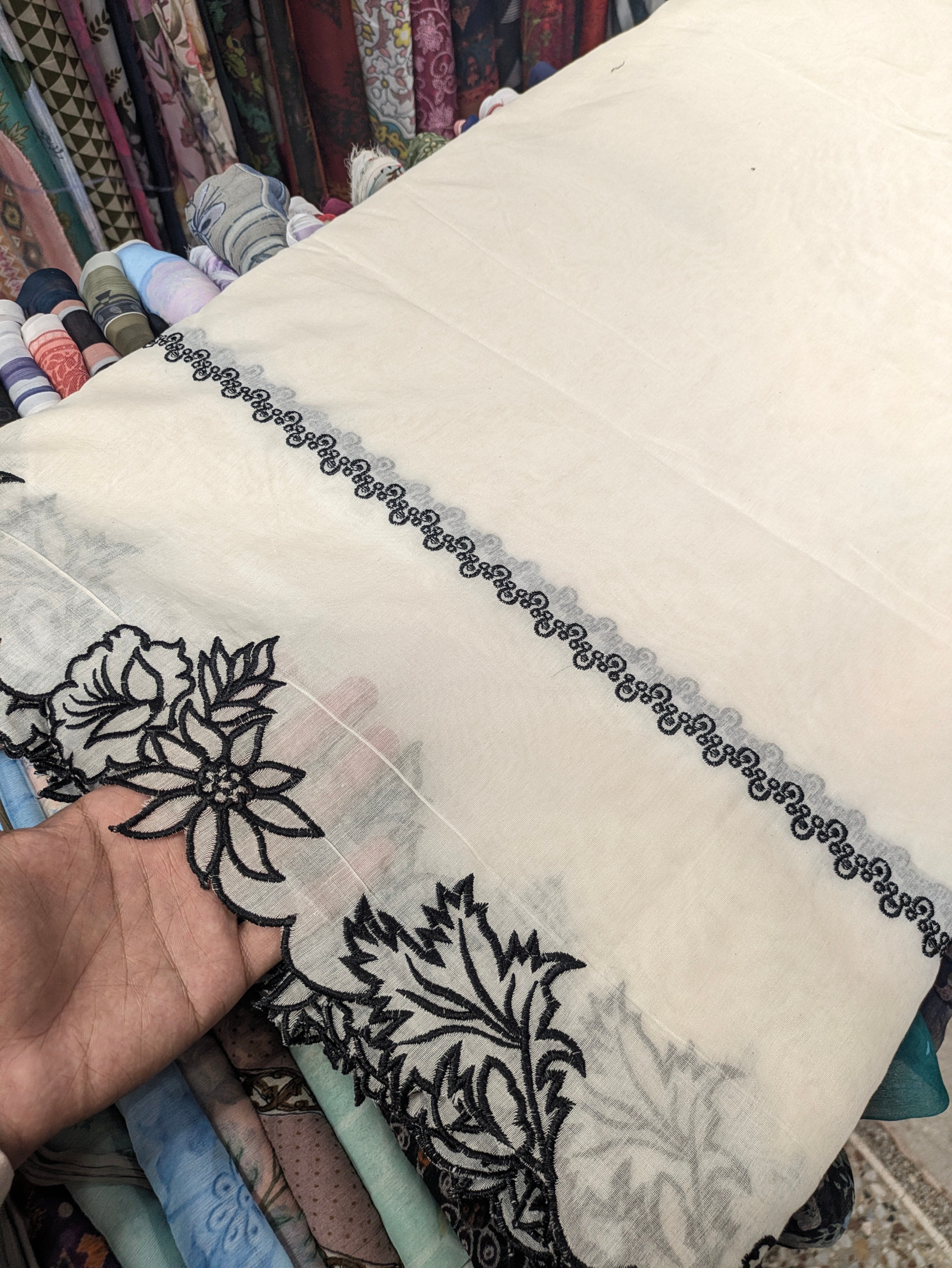 Cream Voile Lawn Cutwork Dupatta with Black Scallop  Embroidery Border – 2.5 yards