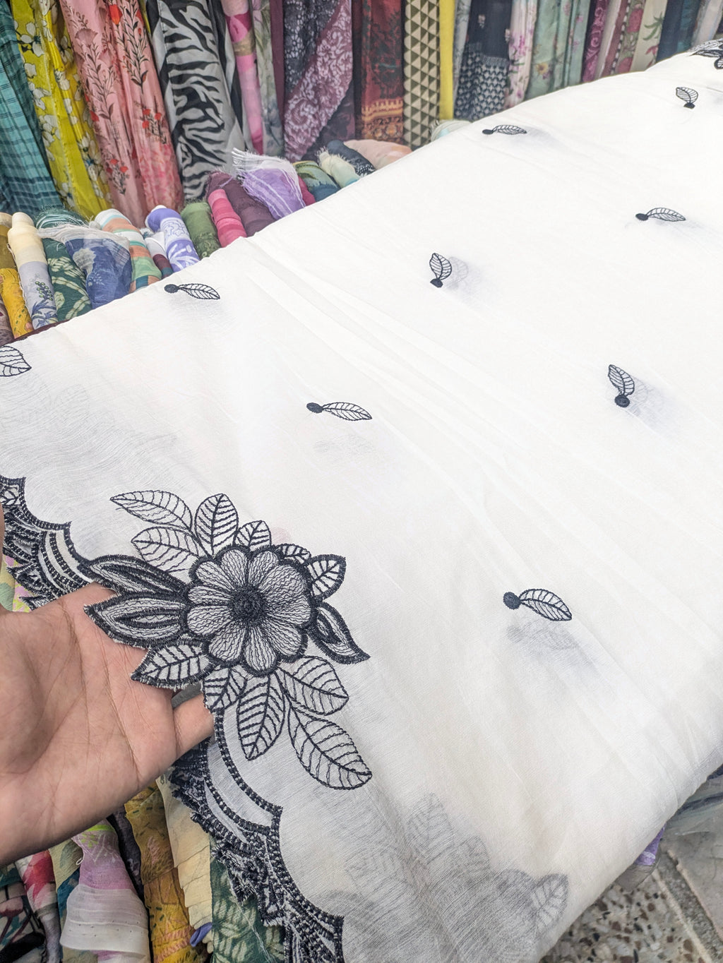 Voile Lawn white Scalloped Dupatta with black  Embroidery |  lawn Cutwork Dupatta