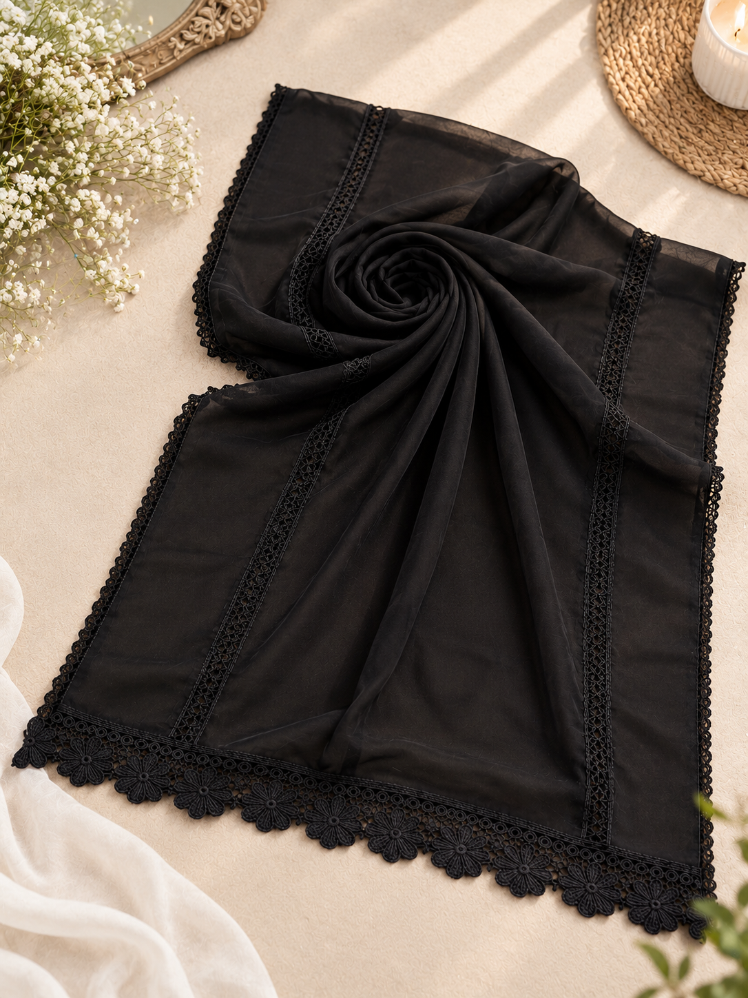 Bember chiffon black four side lace Dupatta 2.5 yards