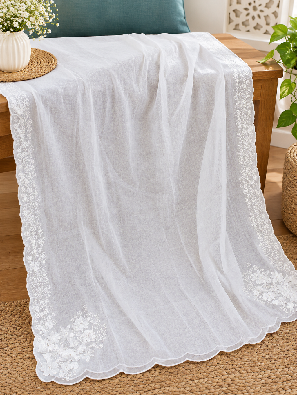 Chiffon Four-Side Scalloped Cutwork Dupatta – 2.75 Yards (Dyeable