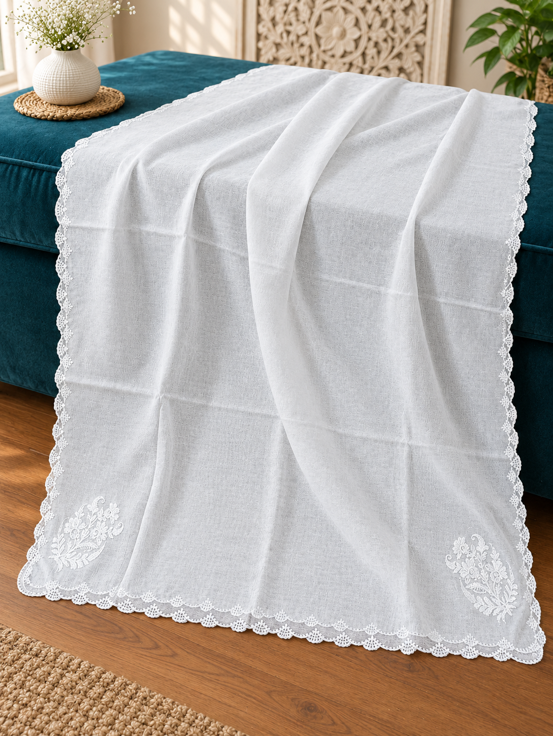 White Voile Lawn four Sided Scallop Dupatta with White Embroidery – Dyeable  2.75 yards