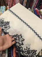 Cream Voile Lawn Cutwork Dupatta with Black Scallop  Embroidery Border – 2.5 yards