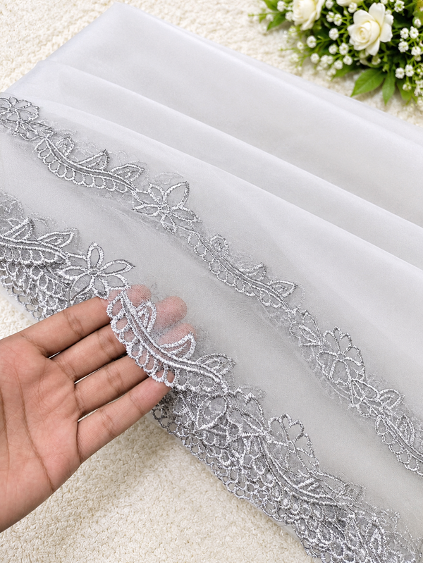 Soft Organza Dupatta with 2 Side Silver Scallop Embroidery | Elegant Party Wear Dupatta | Diyable Fabric | 2.5 Yards