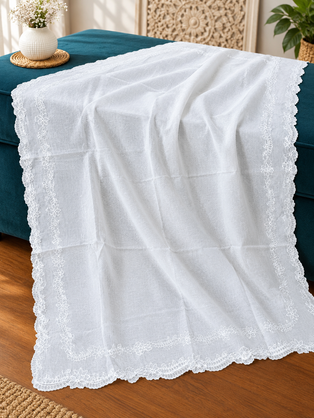 White Voile Lawn four Sided Scallop Dupatta with White Embroidery – Dyeable  2.75 yards