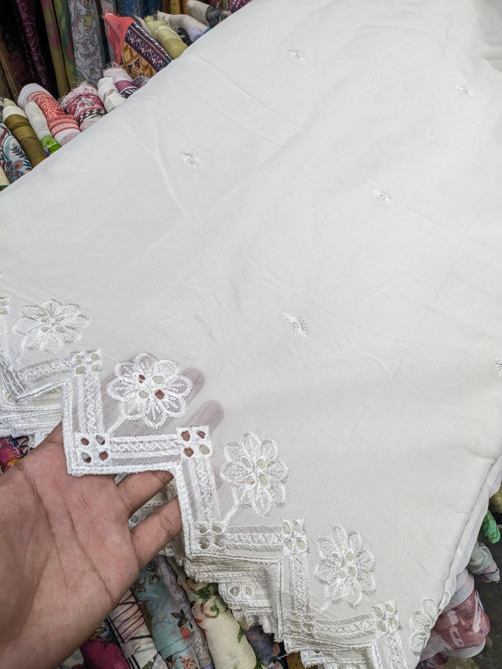 Voile Lawn Scalloped Dupatta with White Embroidery | white lawn Cutwork Dupatta