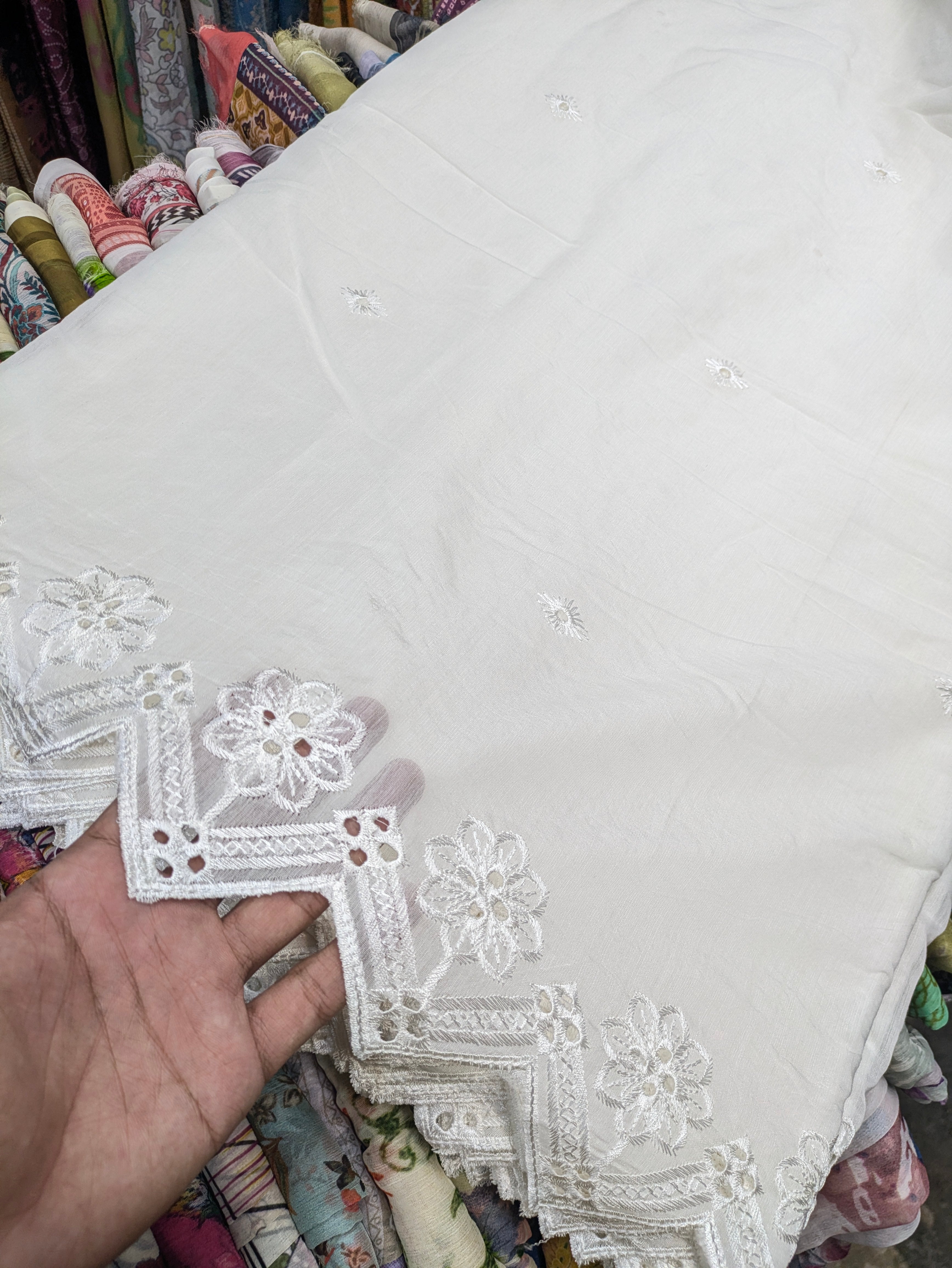 Voile Lawn Scalloped Dupatta with White Embroidery | white lawn Cutwork Dupatta