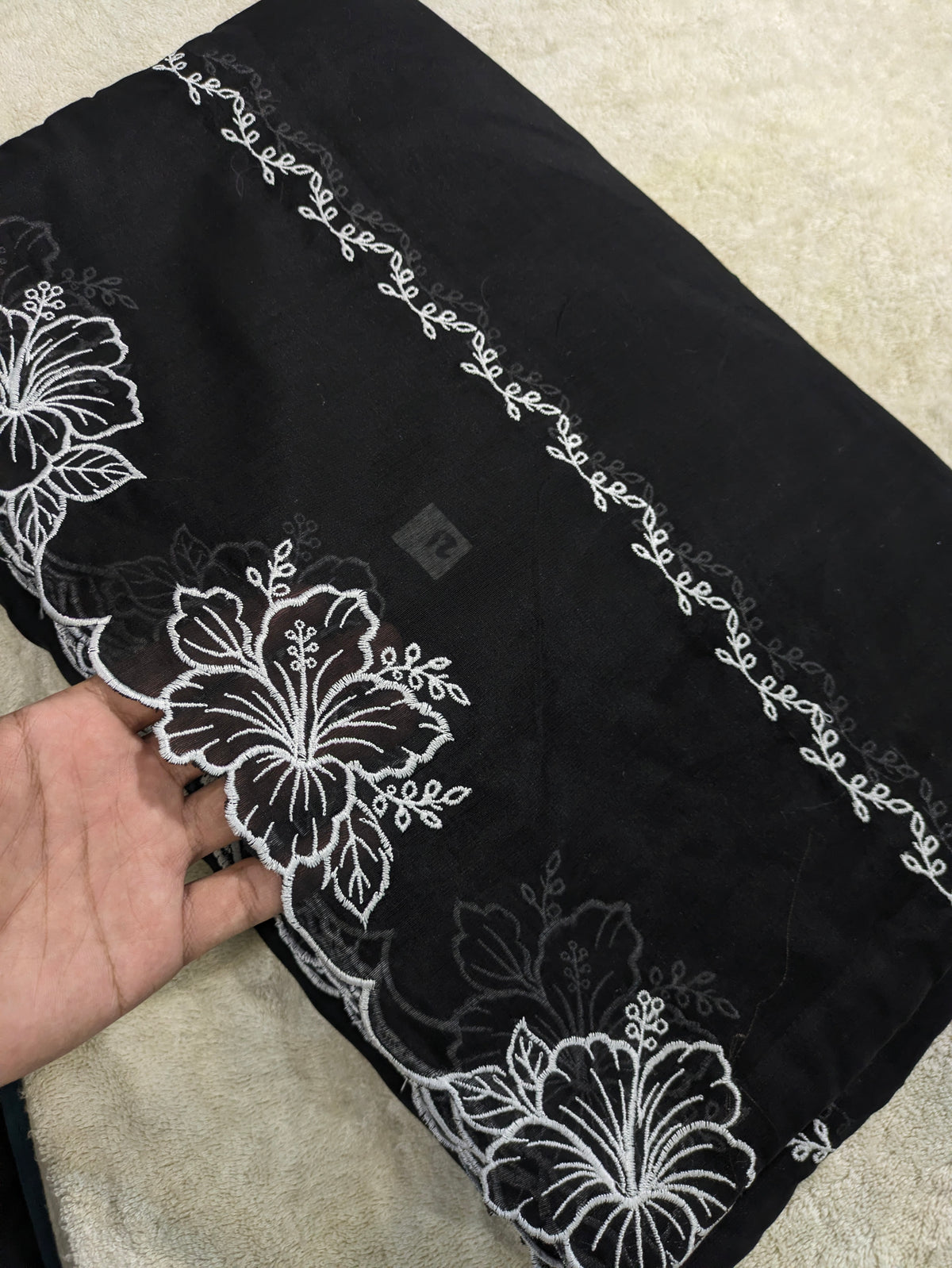 Voile Lawn black  Scalloped Dupatta with White  Embroidery | black  lawn Cutwork Dupatta 2.5 yards length