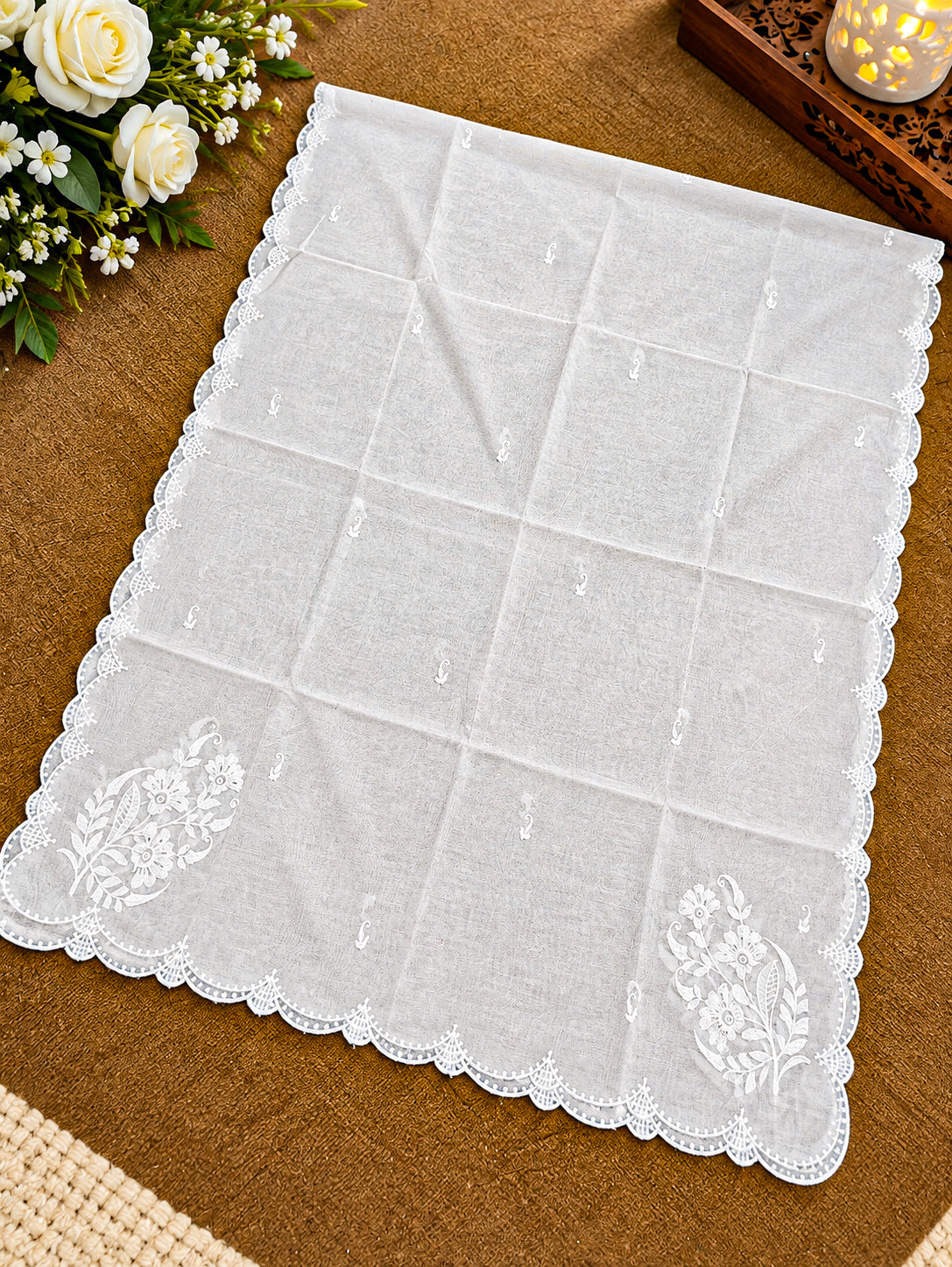 White Voile Lawn four Sided Scallop Dupatta with White Embroidery – Dyeable  2.75 yards