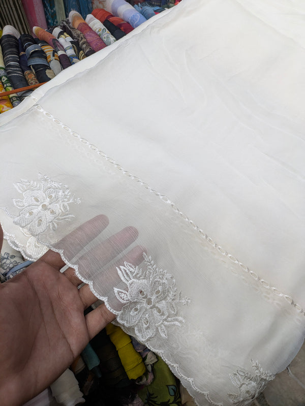 Semi Pure Chiffon White Scallop Embroidered Dupatta Diyable in all colors 2.5 yards length