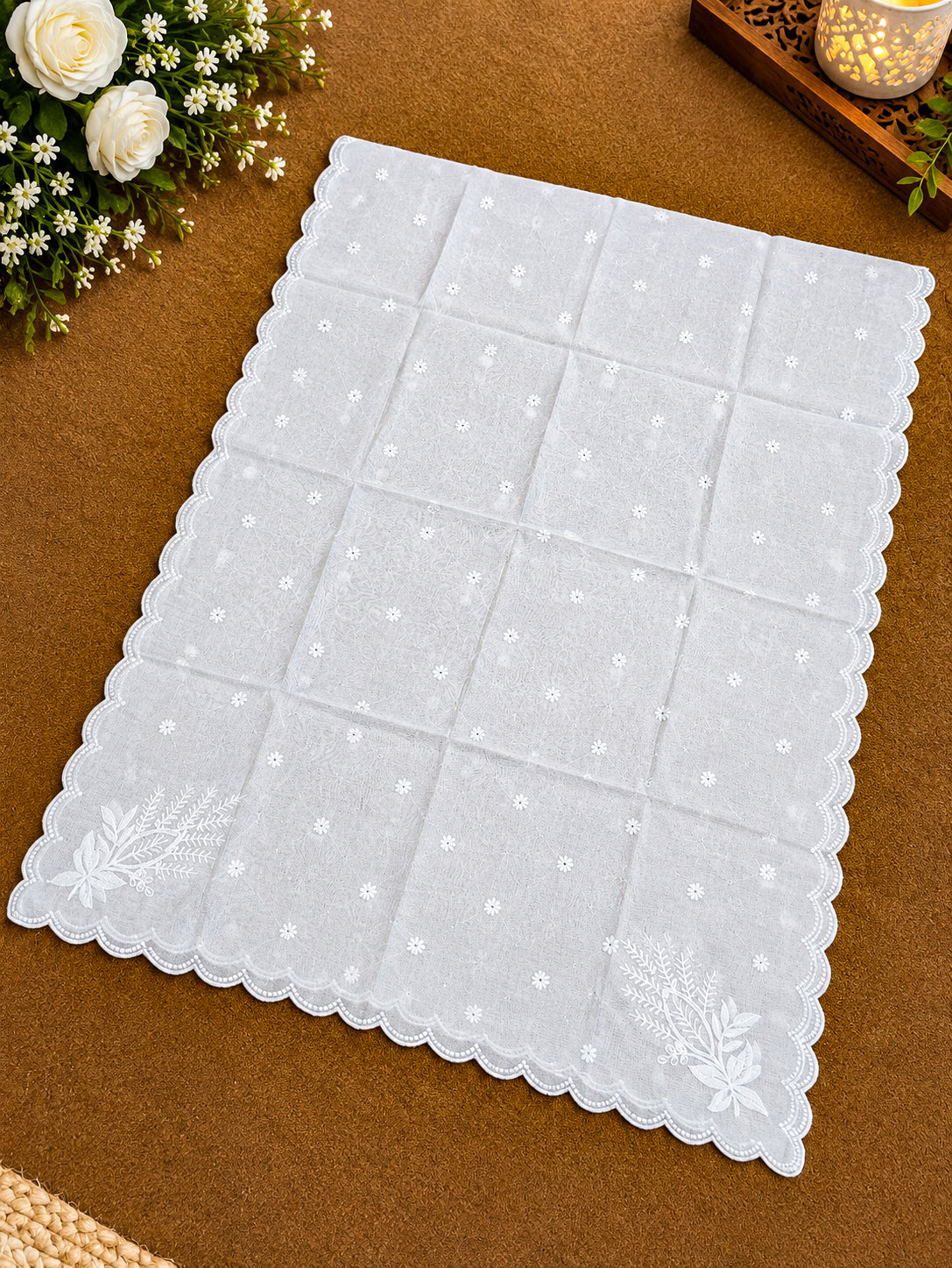 White Voile Lawn four Sided Scallop Dupatta with White Embroidery – Dyeable  2.75 yards