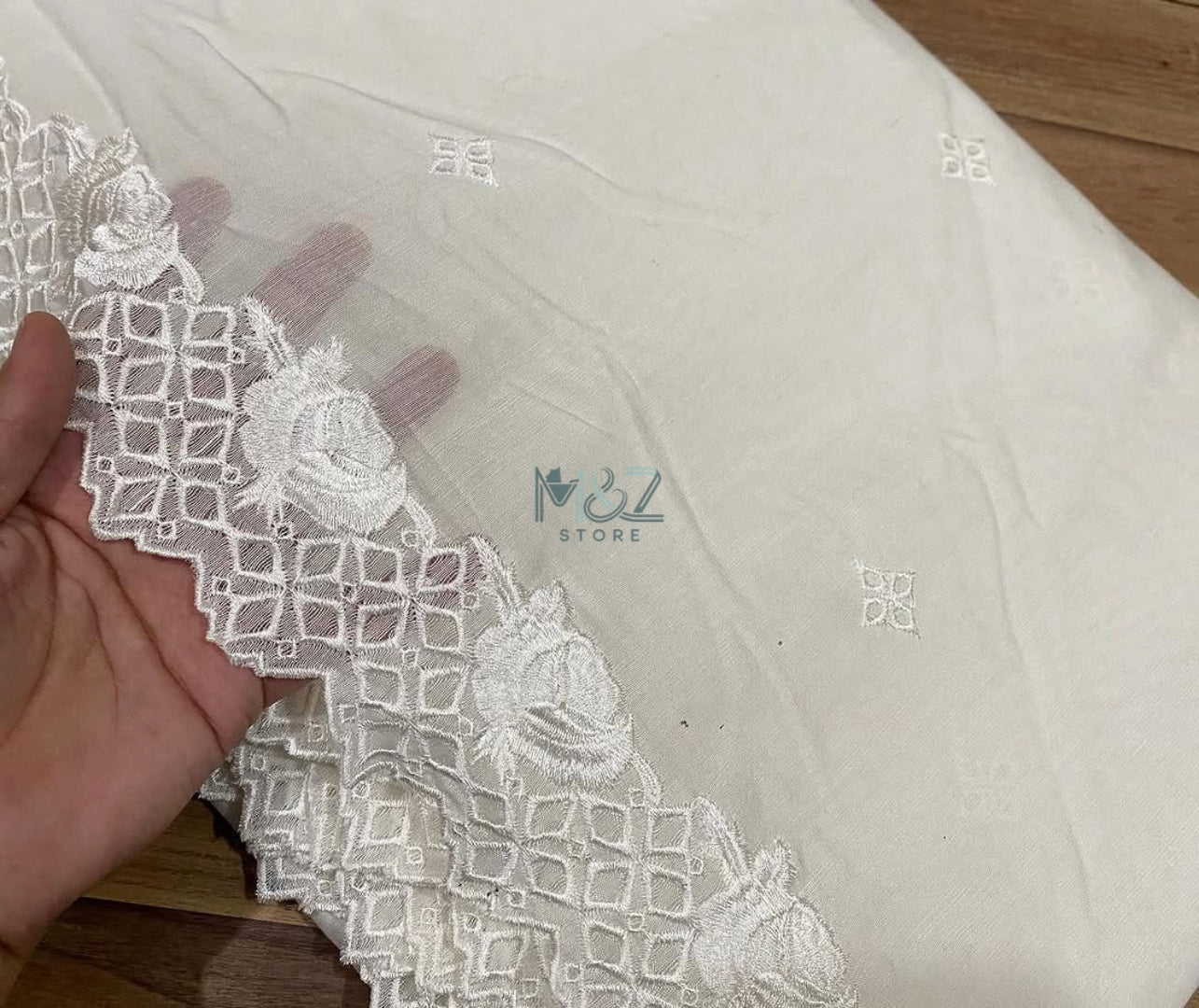 Voile Lawn Scalloped Dupatta with White Embroidery | white lawn Cutwork Dupatta