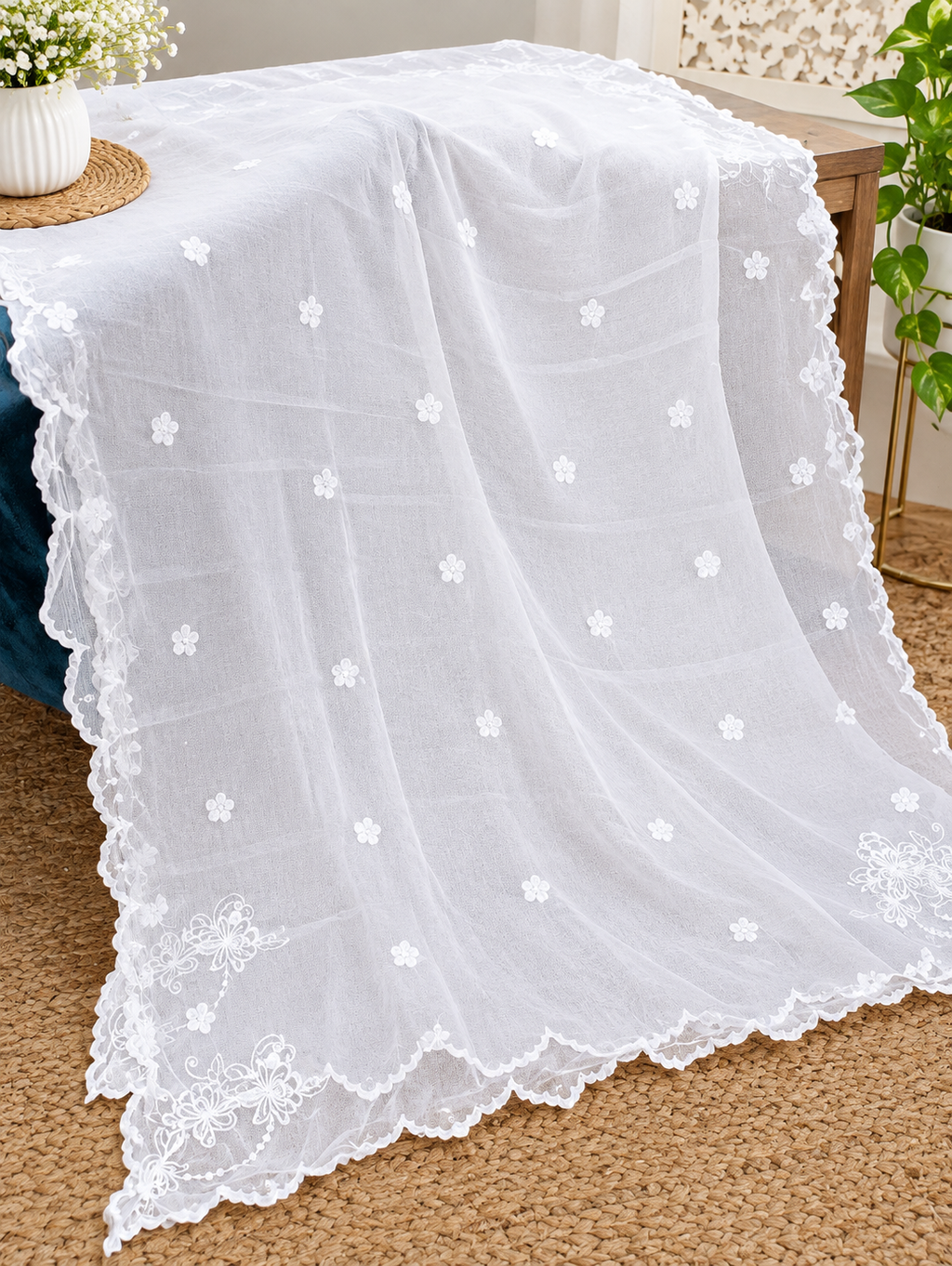 Chiffon Four-Side Scalloped Cutwork Dupatta – 2.75 Yards (Dyeable